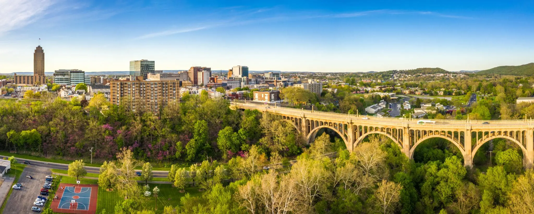 Aerial panorama of city skyline on late sunny afternoon.