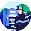 MFA-illus-retirement Illustration of a smiling firefighter standing in front of a fire station
