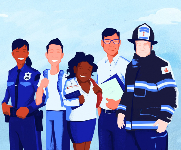 Illustration of a group of students with a policewoman and firefighter smiling