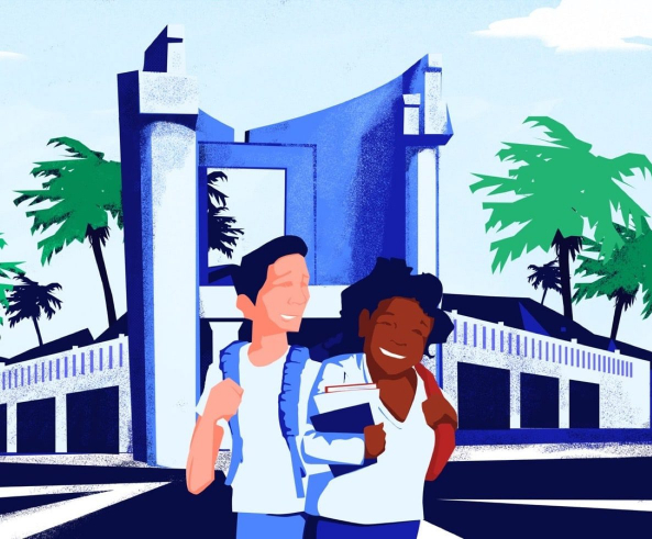 Illustration of two smiling students standing in front of a collegiate building