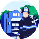MFA-illus-retirement Illustration of a smiling firefighter standing in front of a fire station