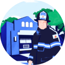 Illustration of a smiling firefighter standing in front of a fire station