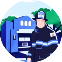 Illustration of a smiling firefighter standing in front of a fire station