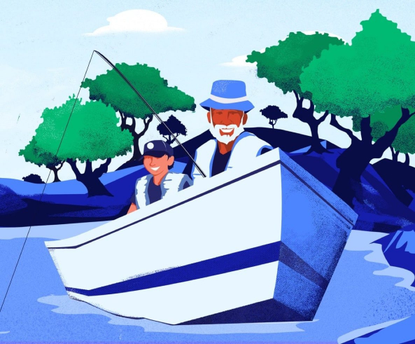 Illustration of a grandfather and grandson smiling while fishing in a boat on a lake